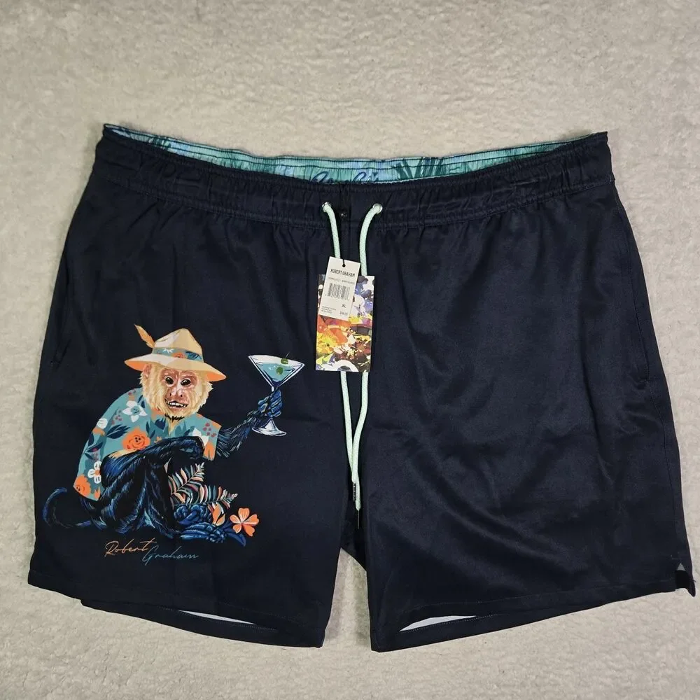 Robert Graham Swim Trunks Mens XL Monkey Martini Blue Lined Shorts 5